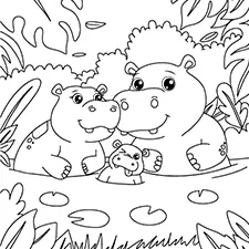 Hippo Family Coloring Page Black & White