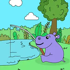 Hippo Fishing Coloring Page