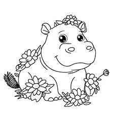 Hippo with Flowers Coloring Page Black & White