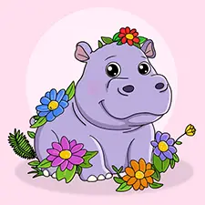 Hippo with Flowers Coloring Page