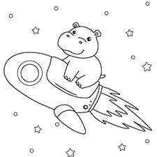 Hippo Flying On Rocket Coloring Page Black & White