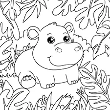 Hippo In The Jungle Coloring Page Black & White