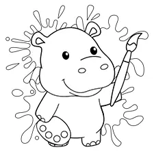 Hippo with a Paintbrush Coloring Page Black & White