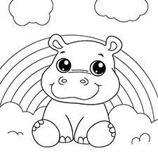 Hippo Under The Rainbow Coloring Page Black & White