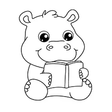 Hippo Reading A Book Coloring Page Black & White