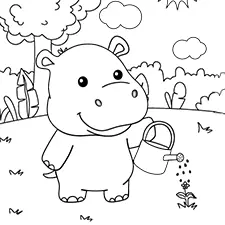 Hippo Watering Plants Coloring Page Black & White