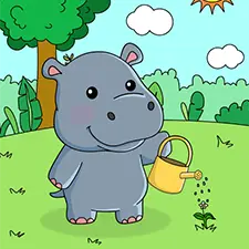 Hippo Watering Plants Coloring Page