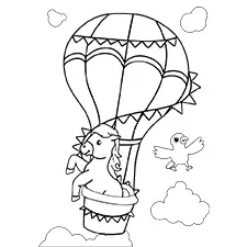 Horse & Bird In A Hot Air Balloon Coloring Page Black & White