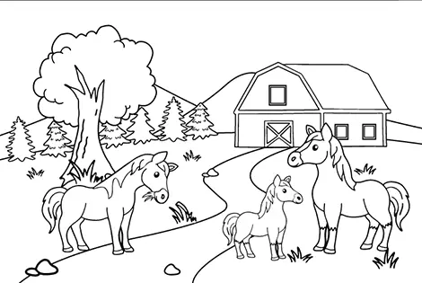 Horse Farm Coloring Page Black & White