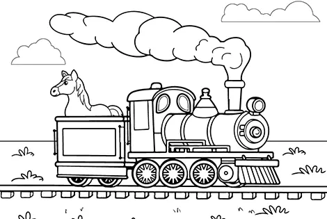 Horse On Steam Train Coloring Page Black & White