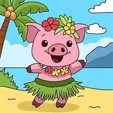Hula Dancing Pig By The Beach Coloring Page