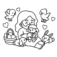 Chibi Jesus With Cute Easter Animals Coloring Page