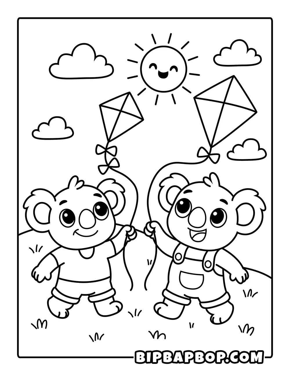 Koalas Playing Kites Coloring Page
