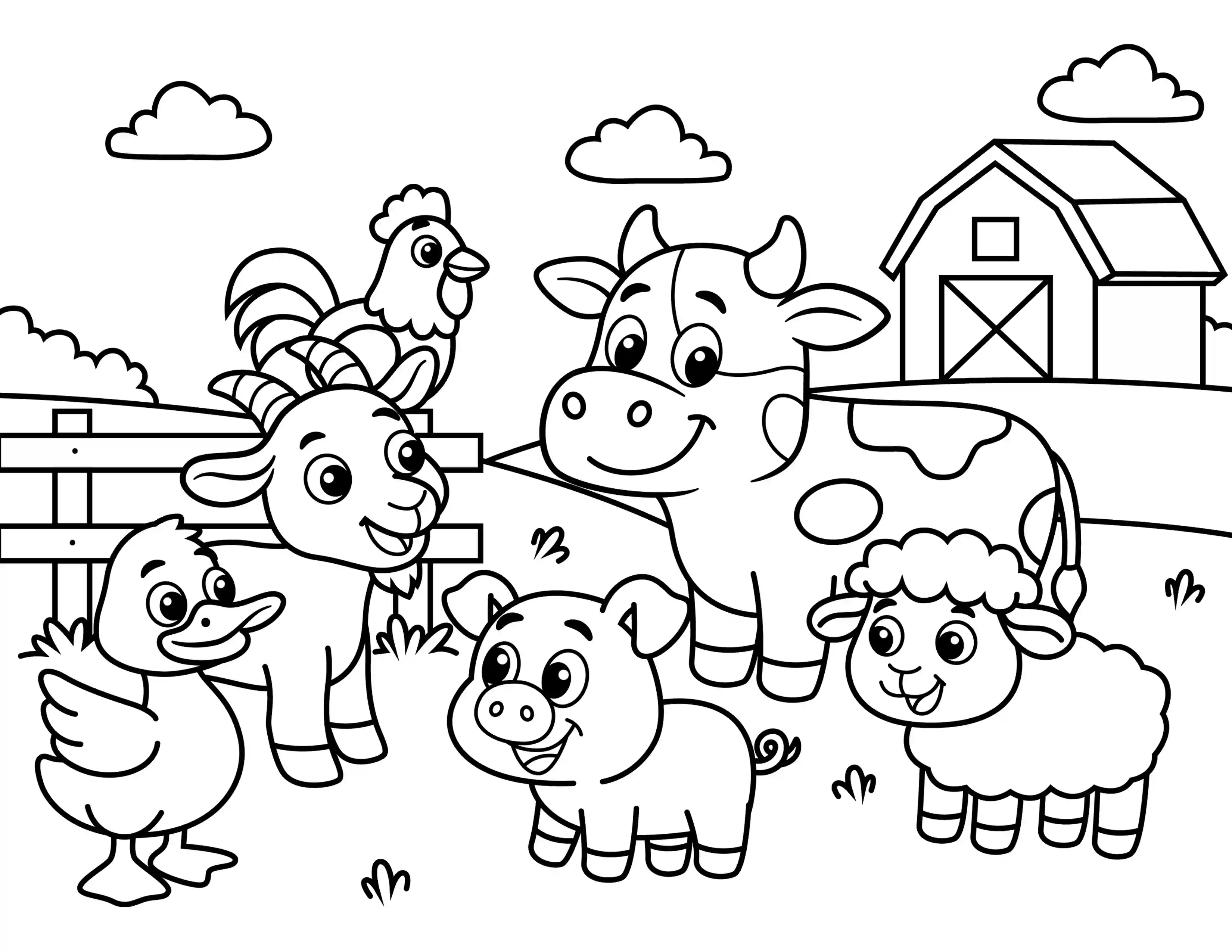 Laughing Farm Animals Coloring Page Black & White
