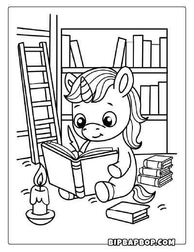 Library Unicorn Coloring Page