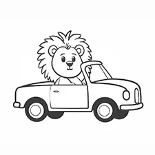 Lion Driving Car Coloring Page Black & White