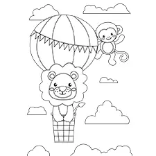 Lion and Monkey in a Hot Air Balloon  Coloring Page Black & White