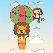 Lion and Monkey in a Hot Air Balloon  Coloring Page