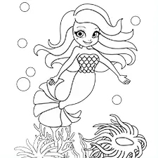 Mermaid & Sea Anemones Coloring Page Black & White