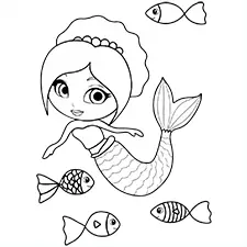 Mermaid & Colorful Fish Coloring Sheet Black & White