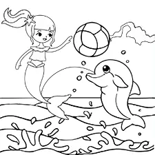 Mermaid & Dolphin Playing Ball Coloring Sheet Black & White