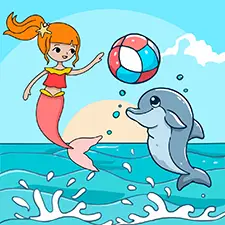Mermaid & Dolphin Playing Ball Coloring Sheet