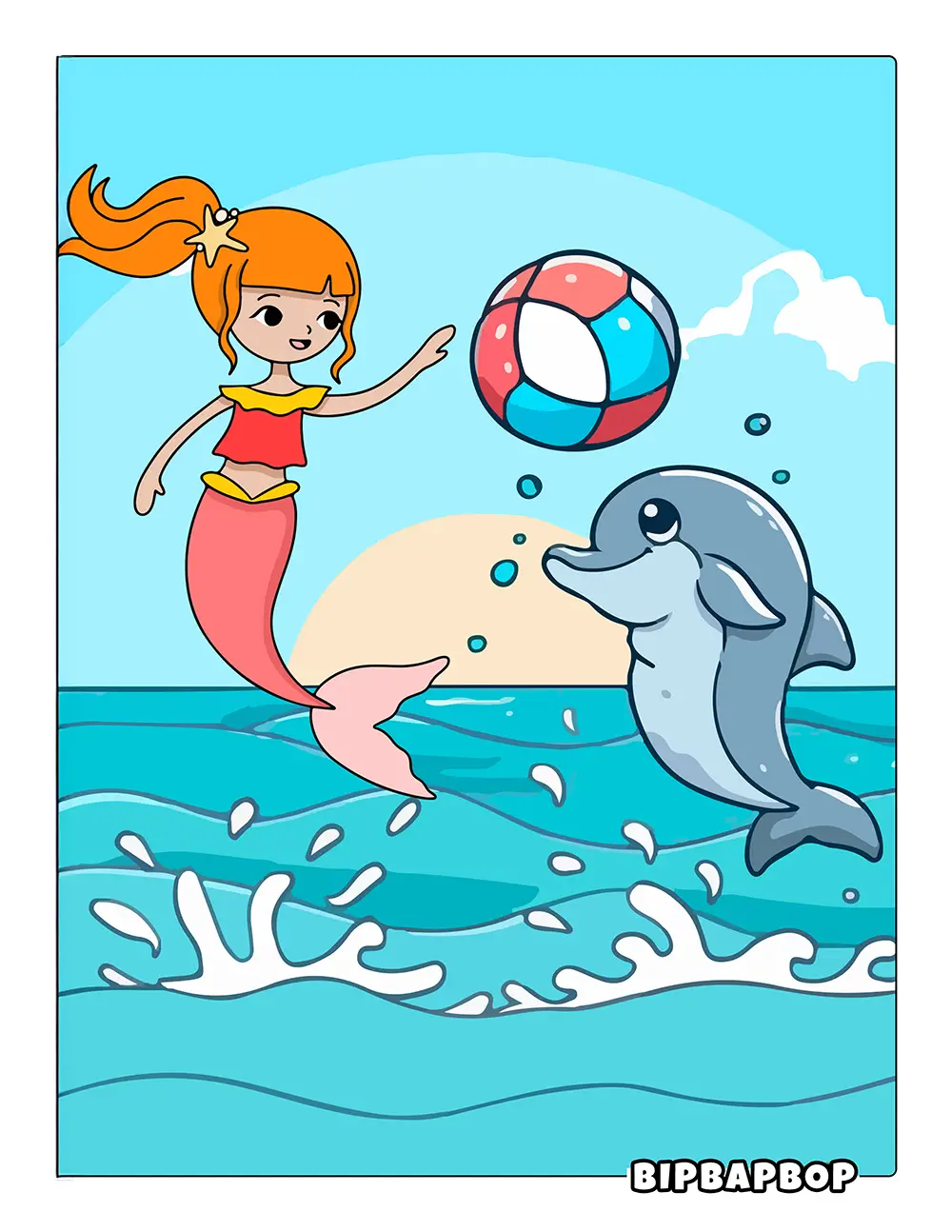 Mermaid & Dolphin Playing Ball Printable