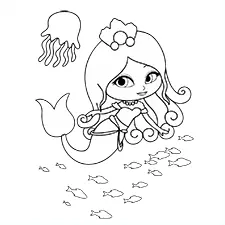 Mermaid & A School Of Fish Coloring Pages Black & White