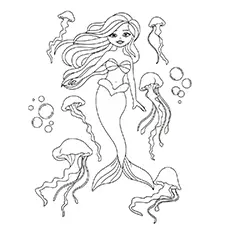 Mermaid & Jellyfish Coloring Page Black & White