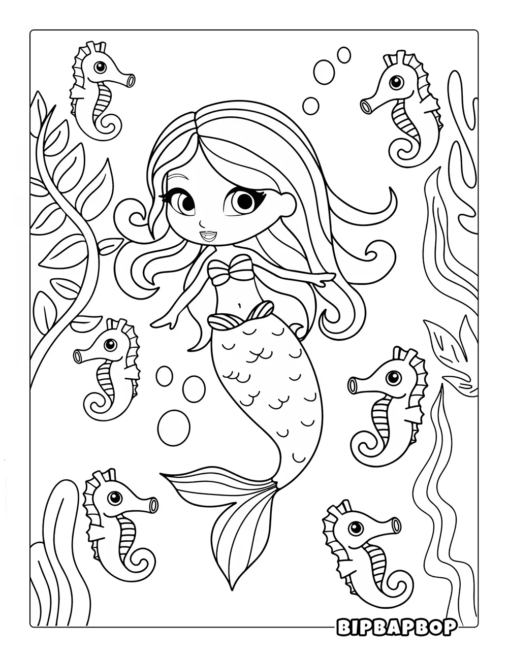 Mermaid & Seahorses Coloring Page