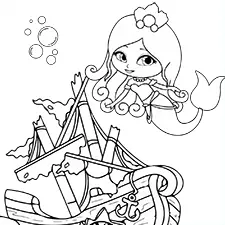 Mermaid & Shipwreck Coloring Page Black & White