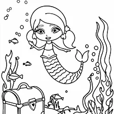 Mermaid With A Treasure Chest Coloring Page Black & White