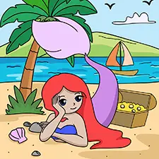 Mermaid On Treasure Island Coloring Page