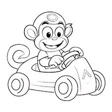 Monkey Driving Racing Car Coloring Page B&W