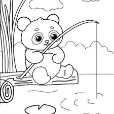 Panda Bear Fishing Coloring Page Black & White