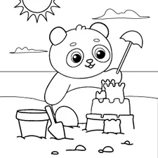 Panda Building A Sand Castle Coloring Page Black & White