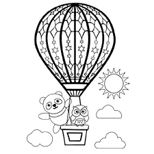 Panda & Owl In A Hot Air Balloon Coloring Page Black & White