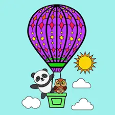 Panda & Owl In A Hot Air Balloon Coloring Page