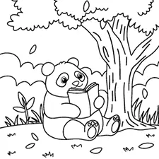 Panda Reading A Book Coloring Page Black & White