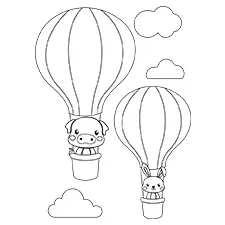 Pig & Bunny In A Hot Air Balloon Coloring Page Black & White