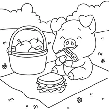 Pig Eating A Sandwich On A Picnic Coloring Page