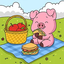 Pig Eating A Sandwich On A Picnic Coloring Page