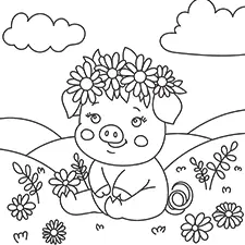 Pig With A Flower Crown Coloring Page