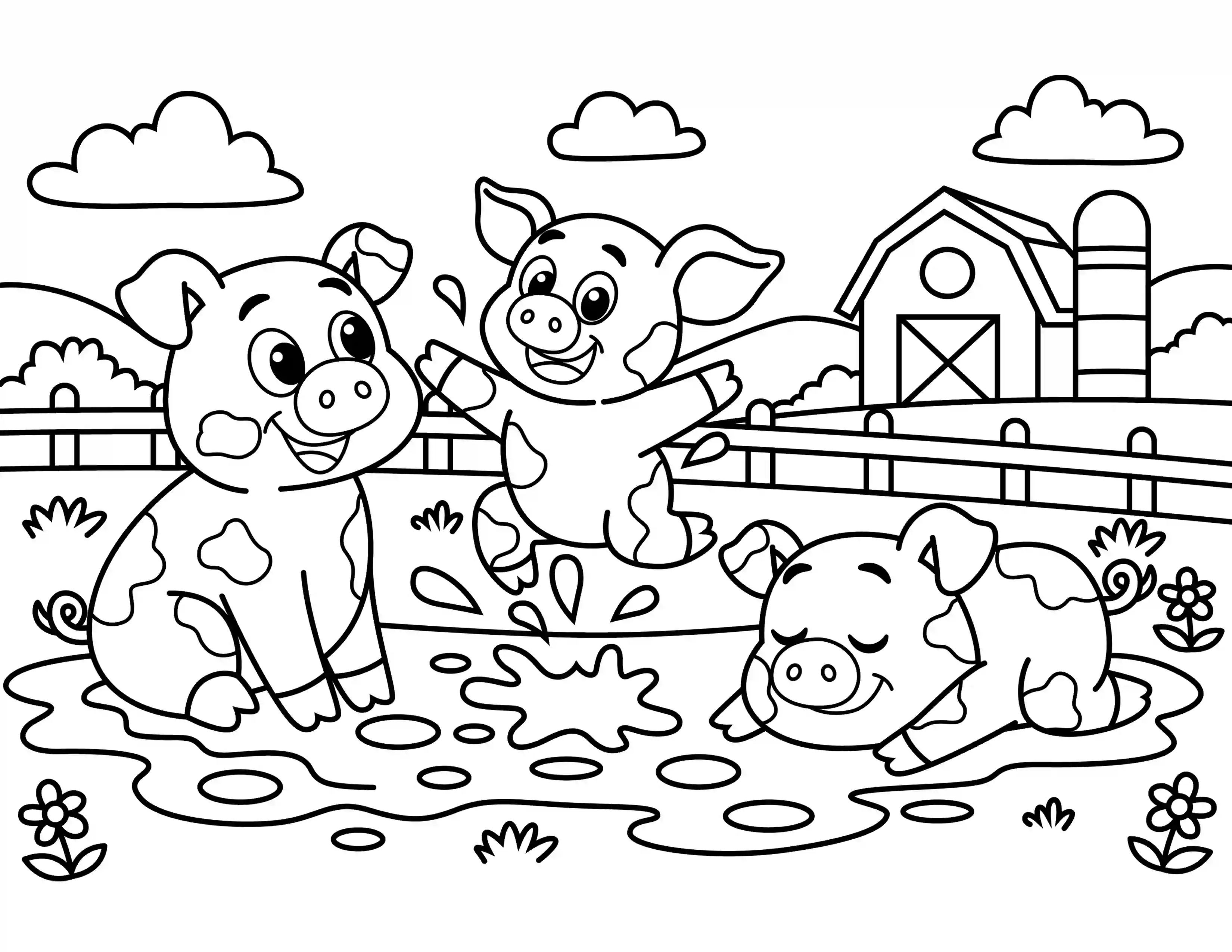 Pigs Playing In The Mud Coloring Page Black & White