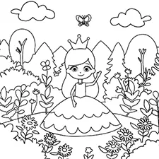 Princess In A Garden Coloring Page Black & White