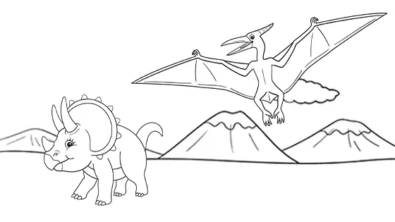 Pterodactyl Attacking Baby Triceratops Coloring Page Black & White