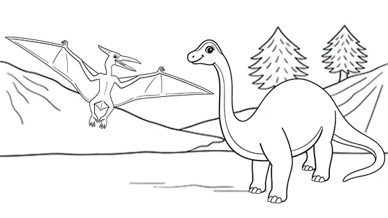 Diplodocus Attacked By Pterodactyl Coloring Page Black & White