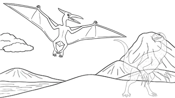 Pterodactyl Attacking Therizinosaurus Coloring Page Black & White