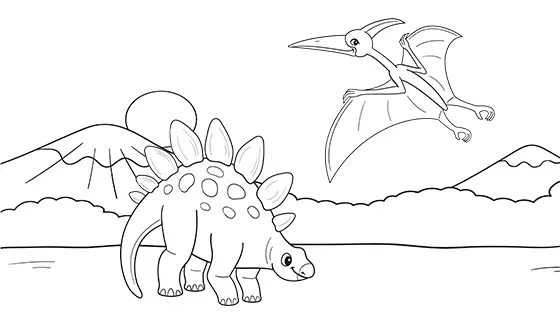 Pterodactyl Flying Over Stegosaurus Coloring Page Black & White