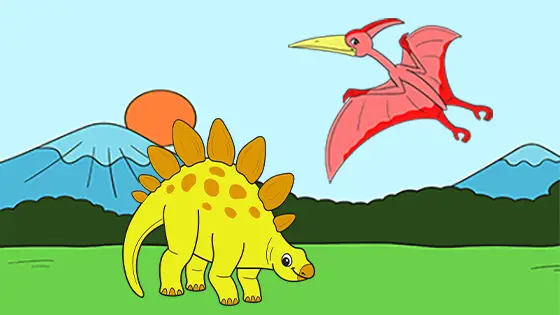 Pterodactyl Flying Over Stegosaurus Coloring Page Color